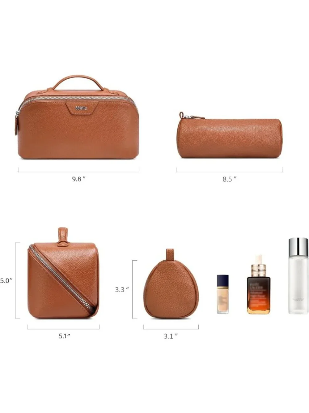 Handmade Genuine Leather Travel Makeup Bag Set - 3 Pcs Cosmetic Organizer